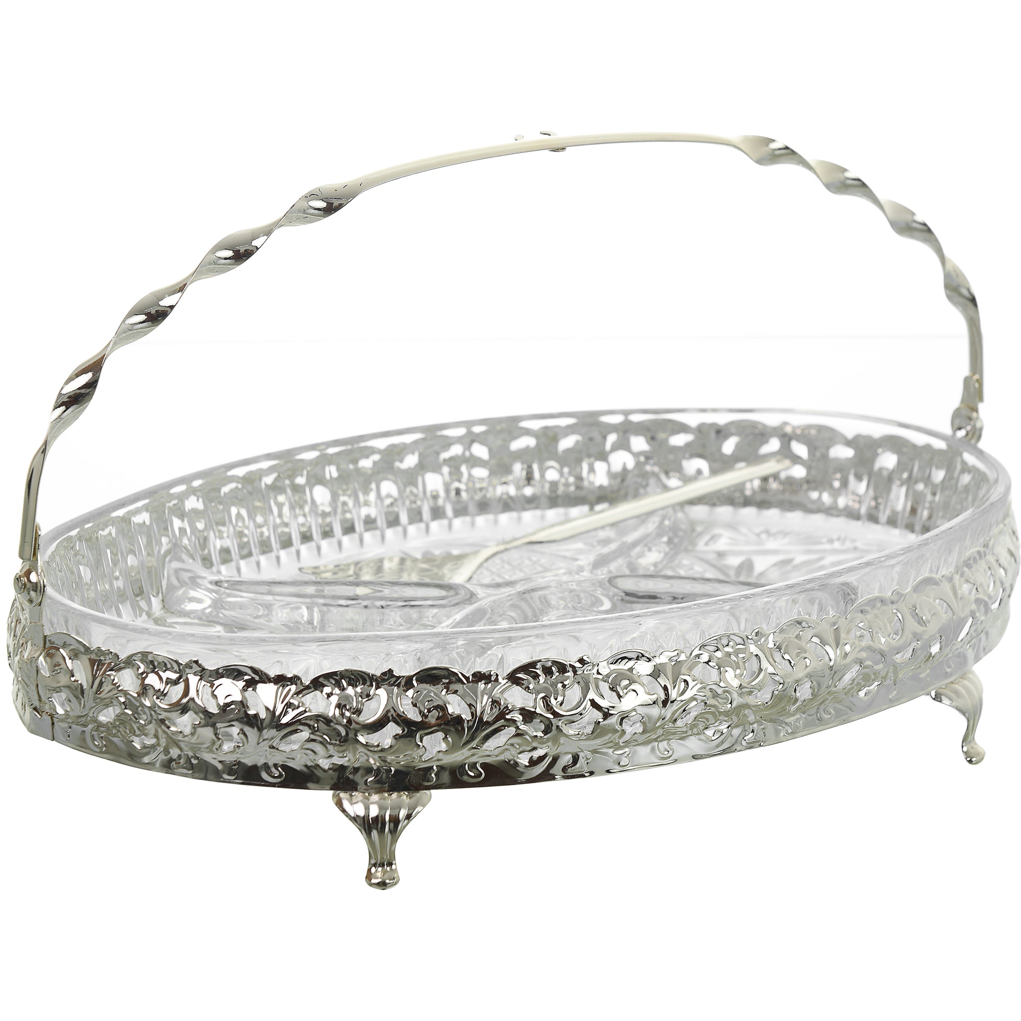 Queen Anne - Oval Hors d'oeuvre 4 Parts with Swing Handle & Fork - Silver Plated Metal & Glass - 29x20cm - 26000296
