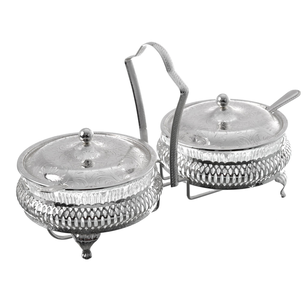 Queen Anne - Jam Bowl Set with Spoons & Cover & Silver Plated Stand 2 Pieces - Silver Plated Metal - 26x12cm - 26000321