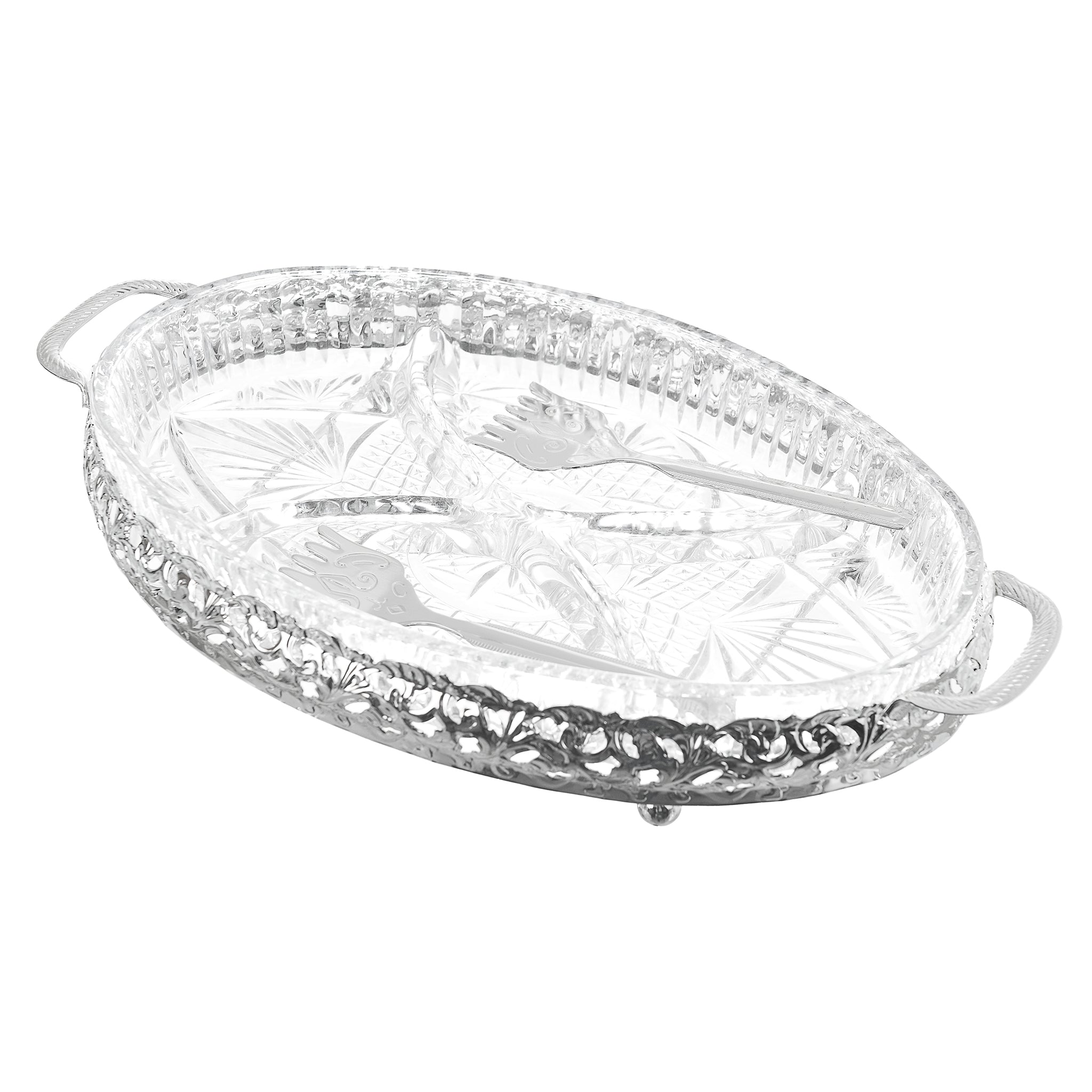 Queen Anne - Oval Hors d'oeuvre 4 Parts with 2 Serving Forks - Silver Plated Metal & Glass - 31x20cm - 26000345