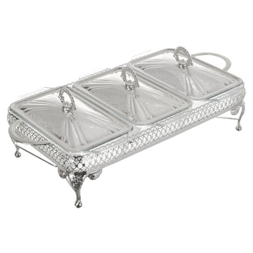 Queen Anne - 3 Rectangular Food Warmers with 3 Candles - Silver Plated Metal & Tempered Glass - 51x26x18 cm - 26000350