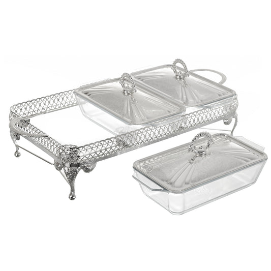 Queen Anne - 3 Rectangular Food Warmers with 3 Candles - Silver Plated Metal & Tempered Glass - 51x26x18 cm - 26000350