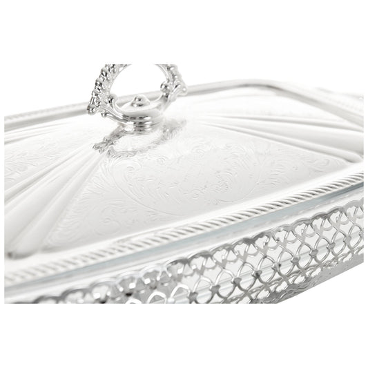 Queen Anne - Rectangular Food Warmer with Handles & Candle - Silver Plated Metal & Tempered Glass - 46x24.5x16 cm - 26000355