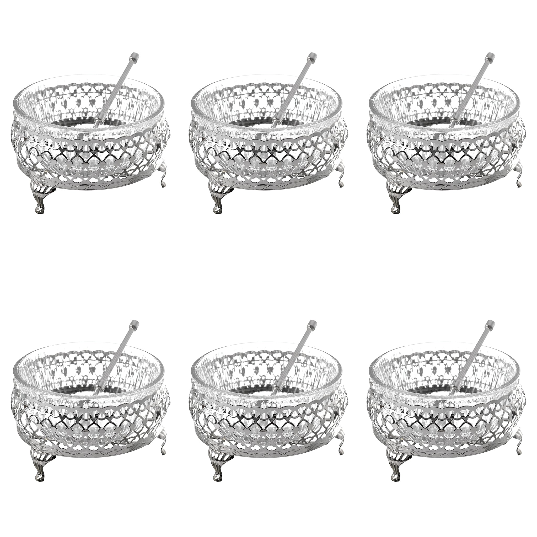 Queen Anne - Bowl Set with Dessert Spoons 6 Pieces - Silver Plated Metal with Glass - 26000374