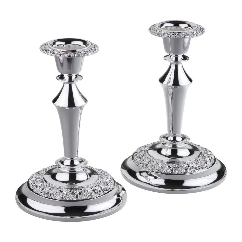 Queen Anne - Candle Holders Set with Rose Design 2 Pieces - Silver Plated Metal - 21 cm - 26000376
