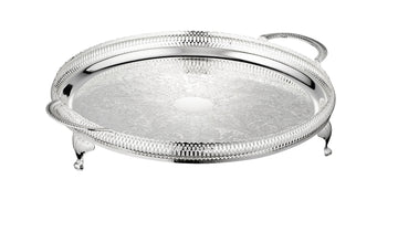 Queen Anne - Round Tray with Handles & Legs - Silver Plated Metal - 35cm - 26000378