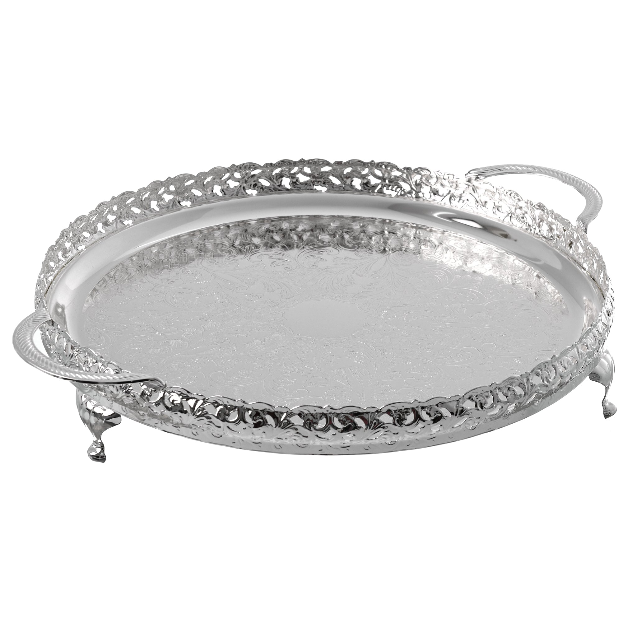 Queen Anne - Round Tray with Handles & Legs - Silver Plated Metal - 36cm - 26000379