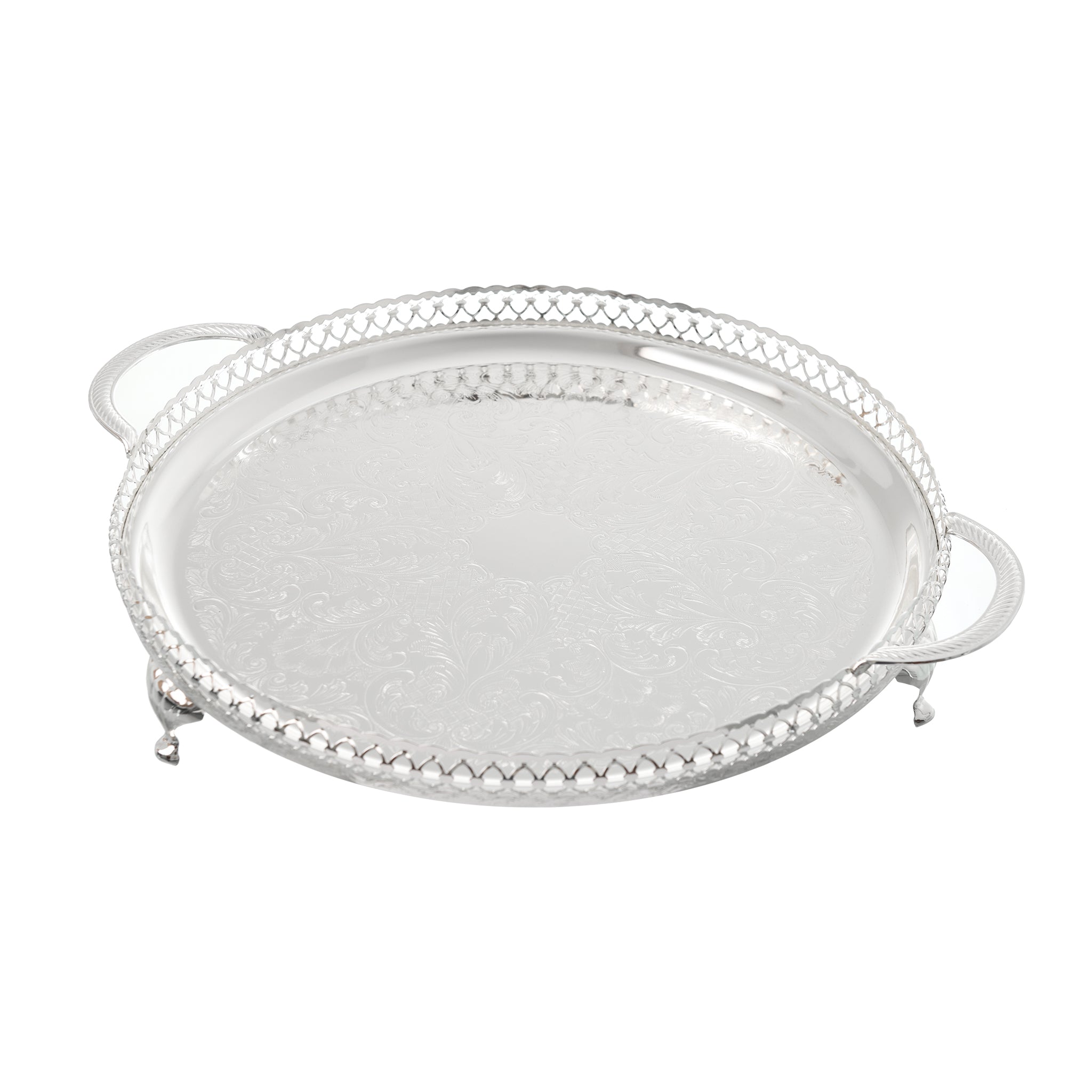 Queen Anne - Round Tray with Legs & Handles - Silver Plated Metal - 35cm - 26000380