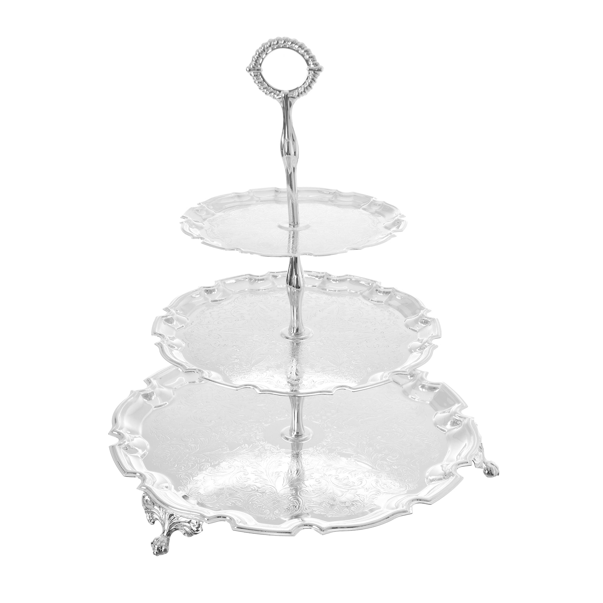 Queen Anne - 3 Tier Chippendale Tray Cake Stand - Silver Plated Metal - 18cm & 24cm & 31.5cm - 26000384