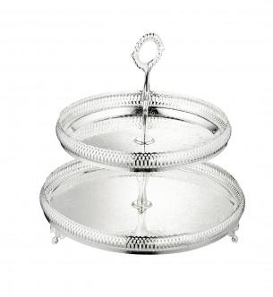 Queen Anne 2 Tier Gallery Cake Stand - Silver Plated Metal - Top Plate 23 cm - Bottom Plate 28 cm - 26000385