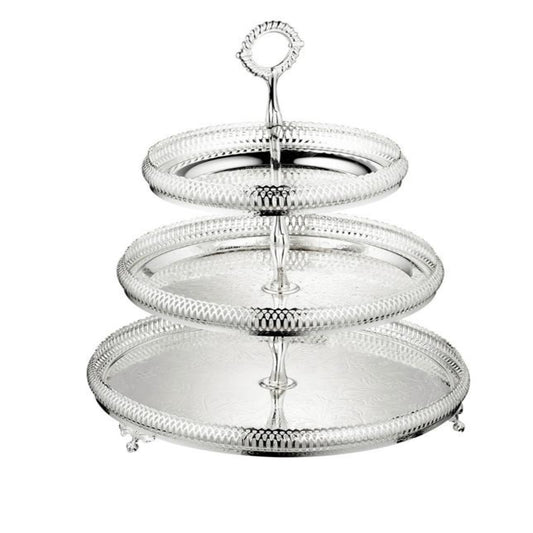 Queen Anne 3 Tier Gallery Cake Stand - Silver Plated Metal - Top Plate 18 cm - Middle Plate 23 cm - Bottom Plate 28 cm - 26000388