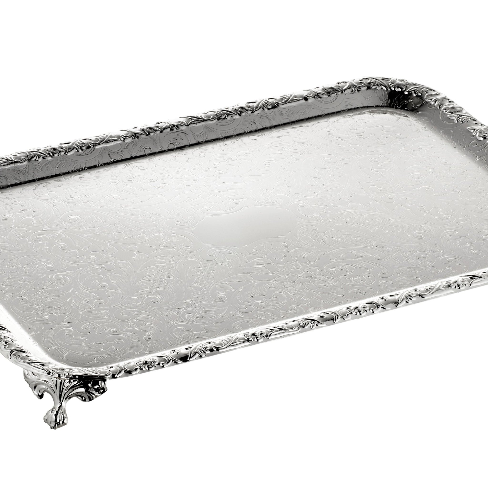 Queen Anne -Rectangular Tray with Handles & Legs - Silver Plated Metal - 63x34cm - 26000393