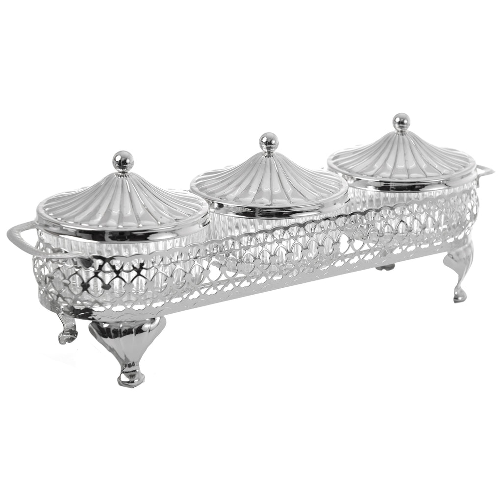 Queen Anne - Round Bowl Set with Silver Plated Stand 3 Pieces - Silver Plated Metal & Glass - 31.5x11cm - 26000426