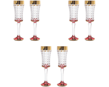 Bohemia Crystal - Flute Diamond Glass Set 6 Pieces - 120ml - Red & Gold - 2700010491