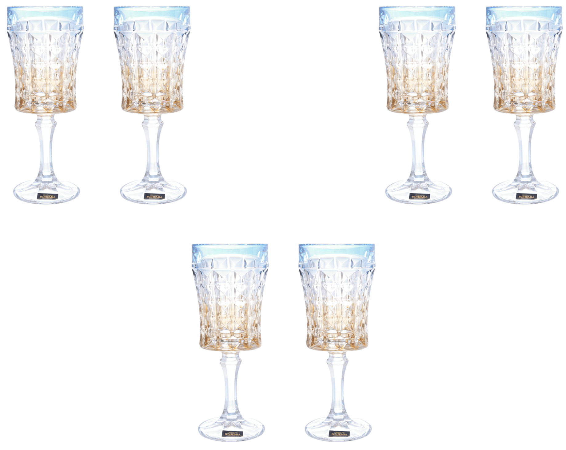 Bohemia Crystal - Goblet Diamond Glass Set 6 Pieces - Blue & Gold - 200ml - 2700010603