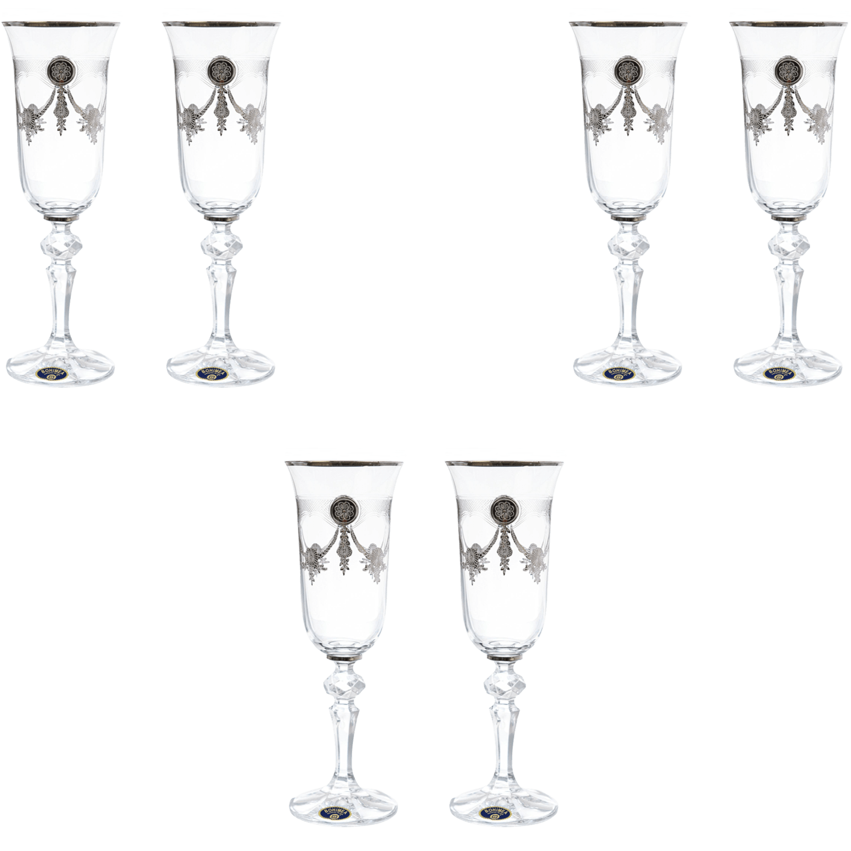 Bohemia Crystal Flute Glass Set 6 Pieces Silver 150ml 27000106