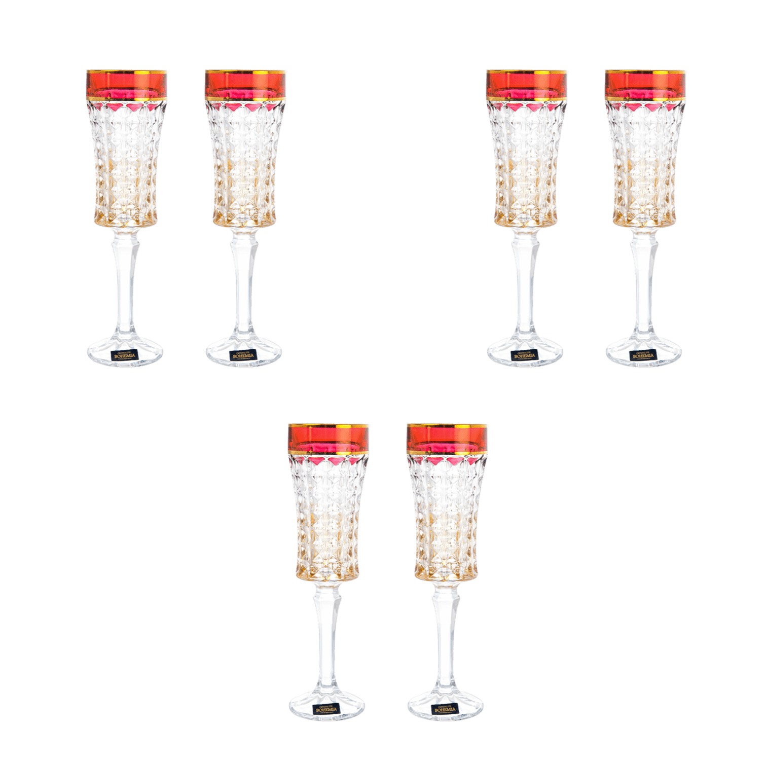 Bohemia Crystal - Flute Glass Set 6 Pieces - Red & Gold - 120ml - 2700010707