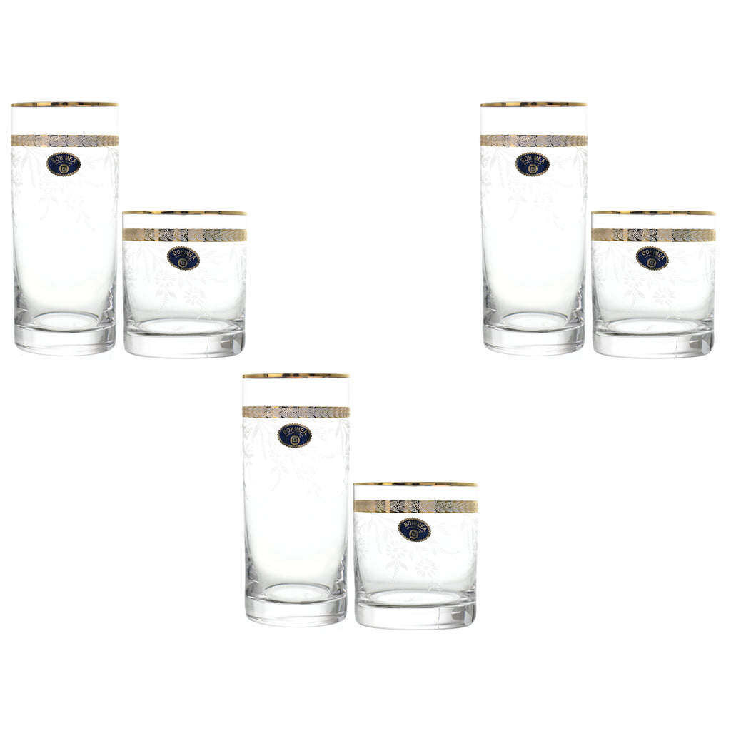 Bohemia Crystal - Highball & Tumbler Glass Set 12 Pieces - Gold - 300ml & 280ml - 2700010714