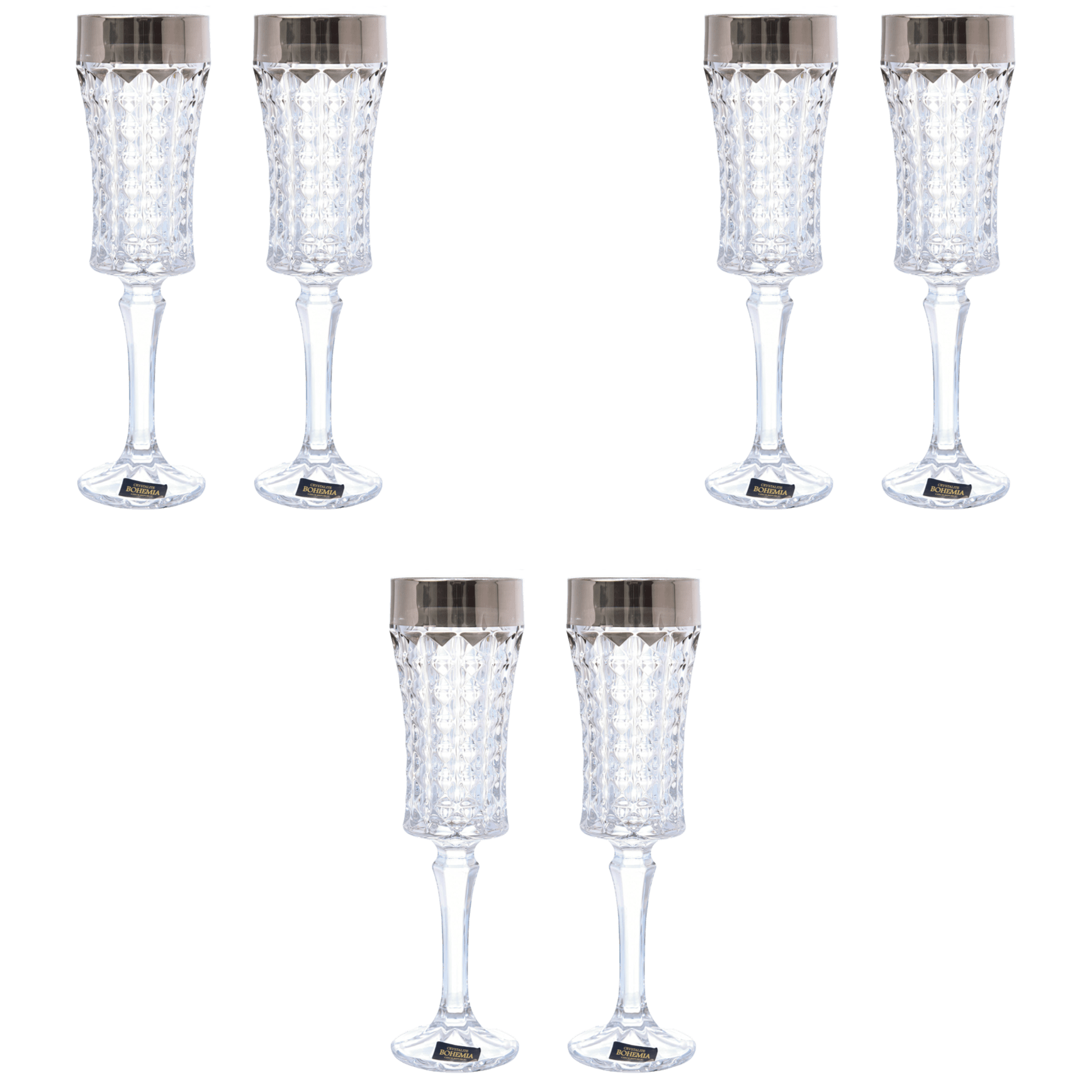 Bohemia Crystal - Flute Diamond Glass Set 6 Pieces - 120ml - Grey - 2700010783