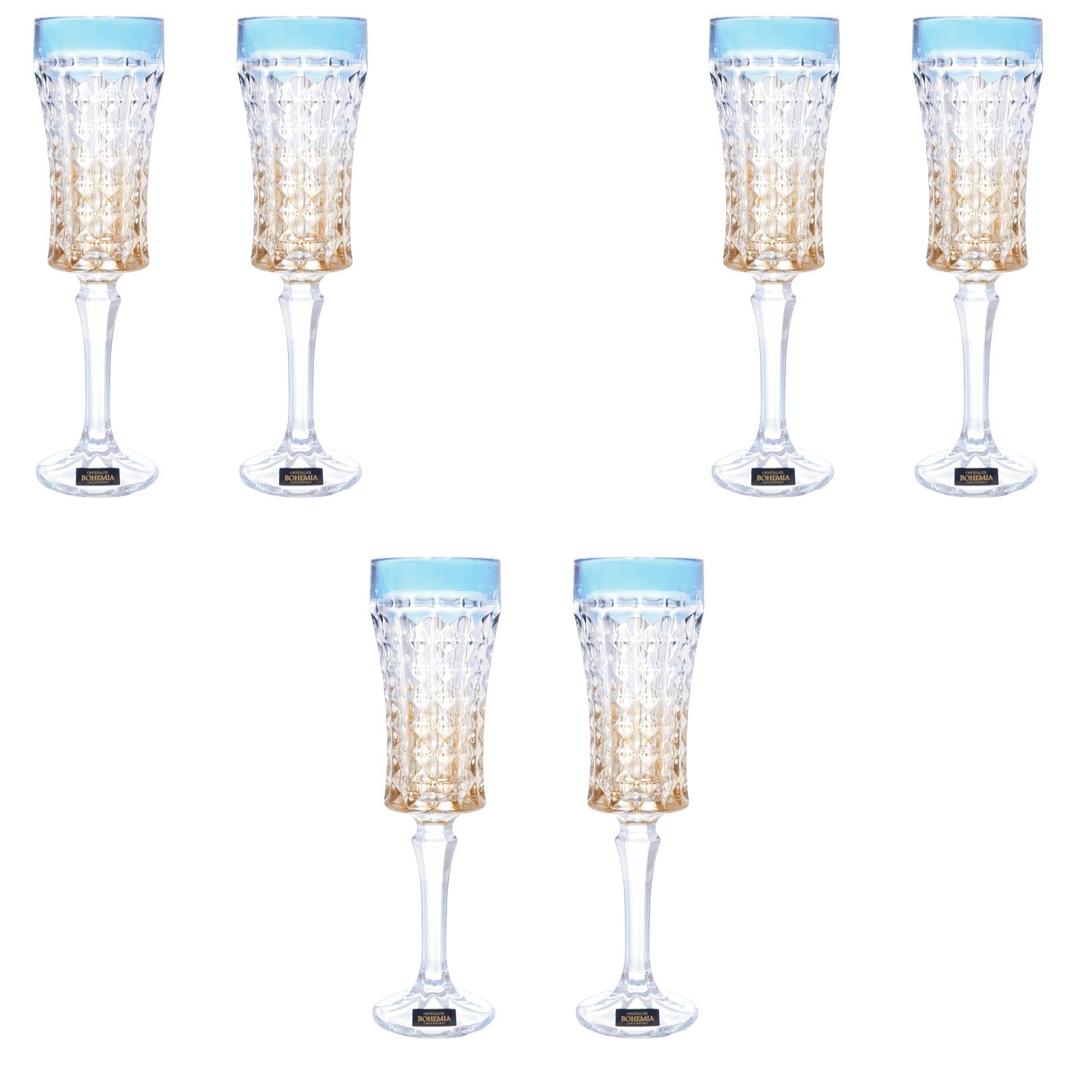 Bohemia Crystal - Flute Diamond Glass Set 6 Pieces - 120ml - Blue & Gold - 2700010784