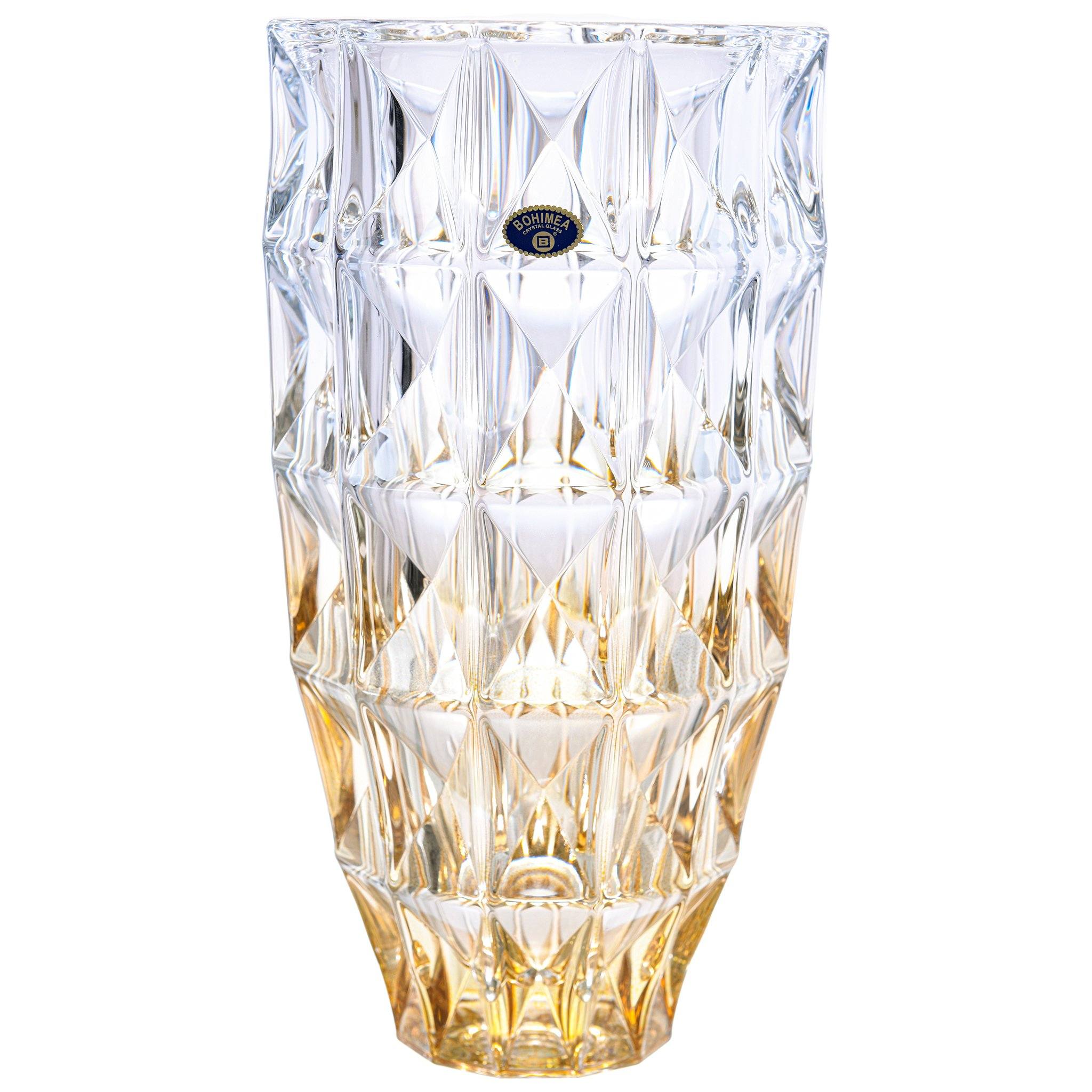 Bohemia Crystal - Cylindrical Crystal Vase - Diamond Design - Blue & Yellow - 28cm - 2700010836
