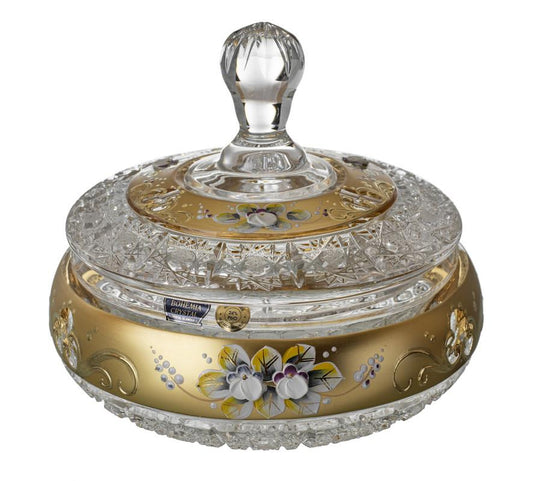 Round Bohemia Hand Cut Crystal Box with Gold Décor with Cover - 270004092