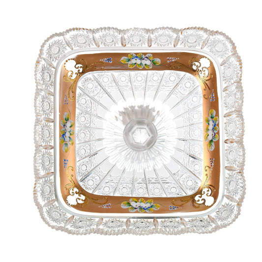 Bohemia Crystal - Square Shape Plate with Base - Gold & Floral Design - 28cm - 270004100