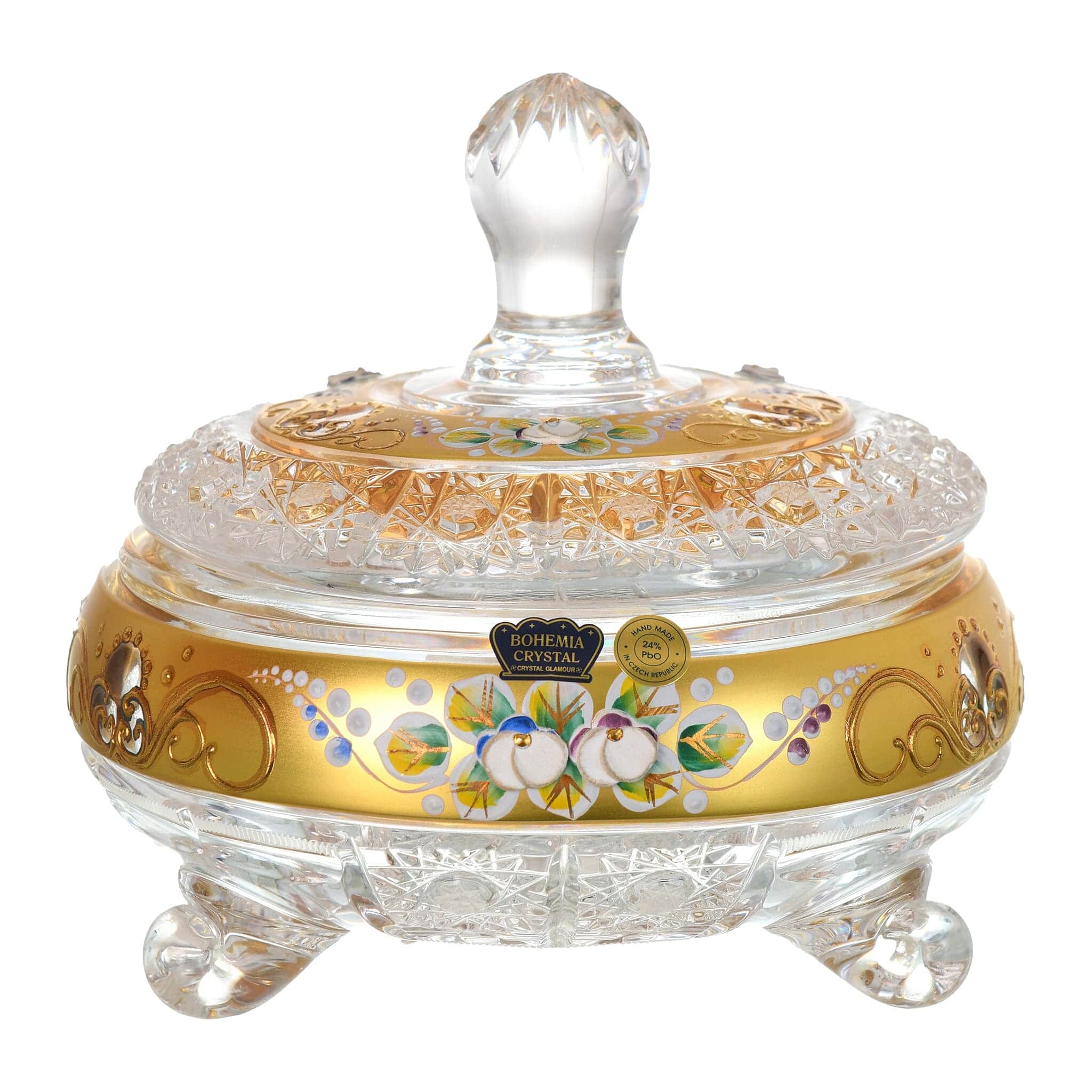 Bohemia Crystal - Crystal Box With Legs - Gold & Floral Design - 16.5cm - 270004336