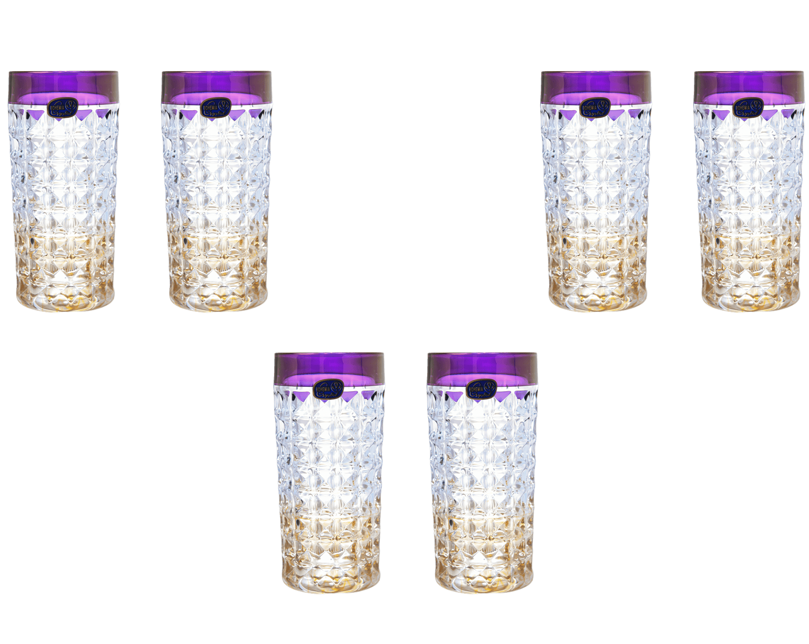 Bohemia Crystal - Diamond Highball Glass Set 6 Pieces - 260 ml - Purple & Gold - 270006675
