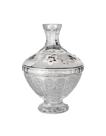 Round Bohemia Hand Cut Crystal Box with Light Silver Décor with Cover and Base - 270006708