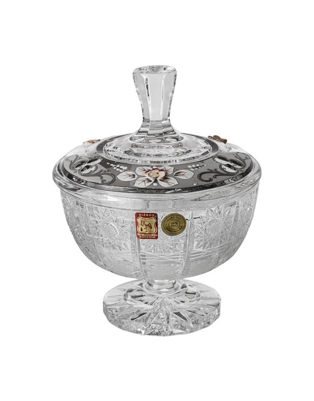 Round Bohemia Hand Cut Crystal Box with  Silver Décor with Cover and Base - 270006711
