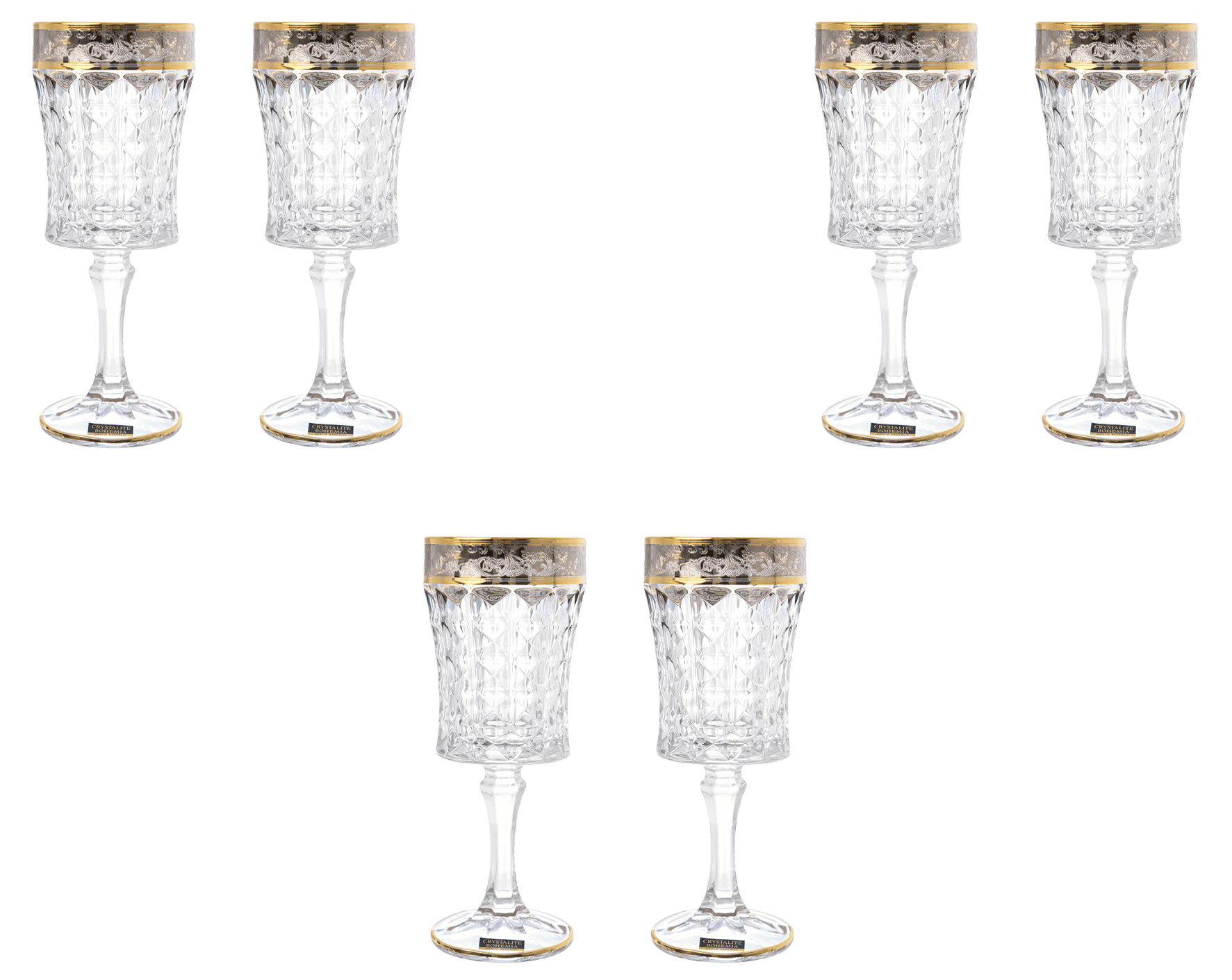 Bohemia Crystal - Goblet Diamond Glass Set 6 Pieces - Silver & Gold - 200ml - 270006795