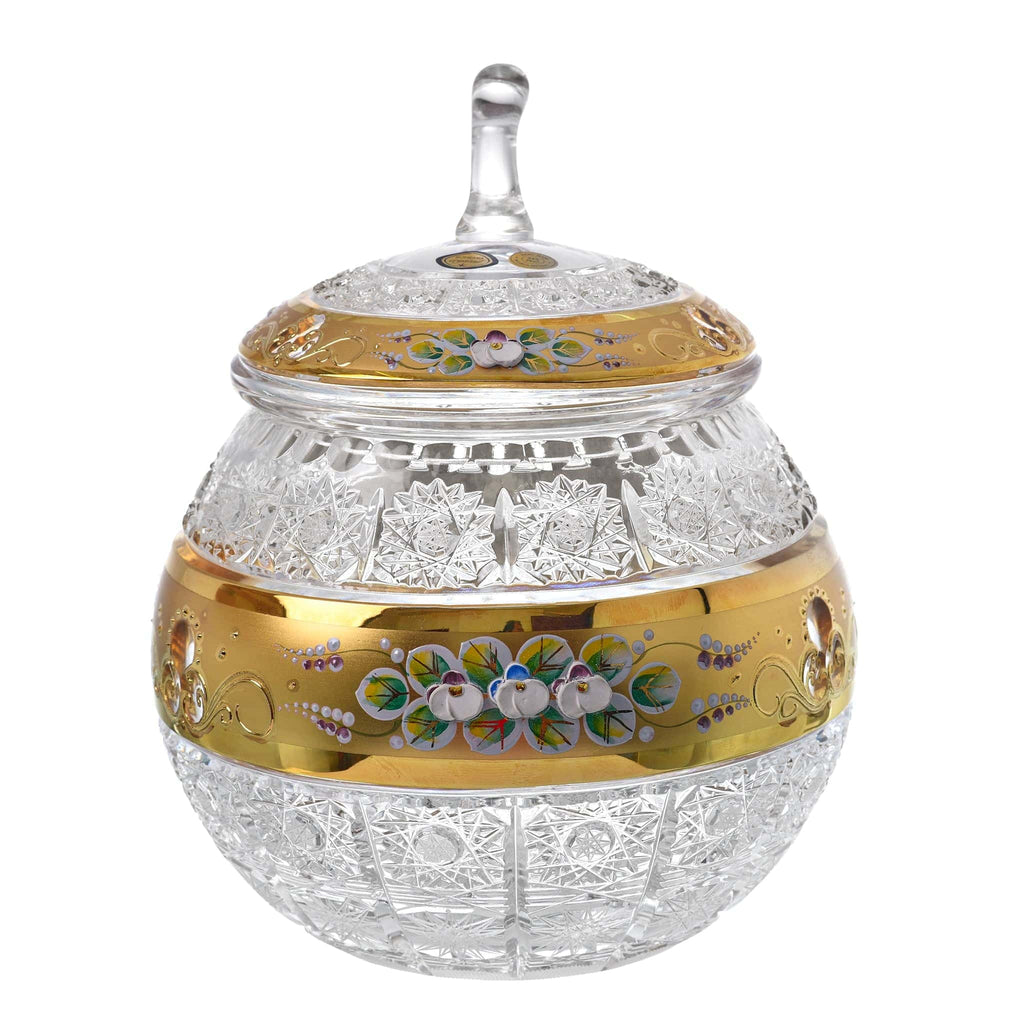 Bohemia Crystal - Crystal Box Pumpkin Shape - Gold With Floral Design - 21cm - 270009226