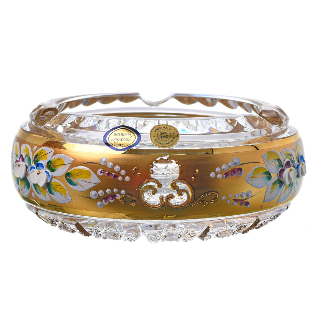 Bohemia Crystal - Crystal Ashtray - Gold With Floral Design - 11cm - 270009278