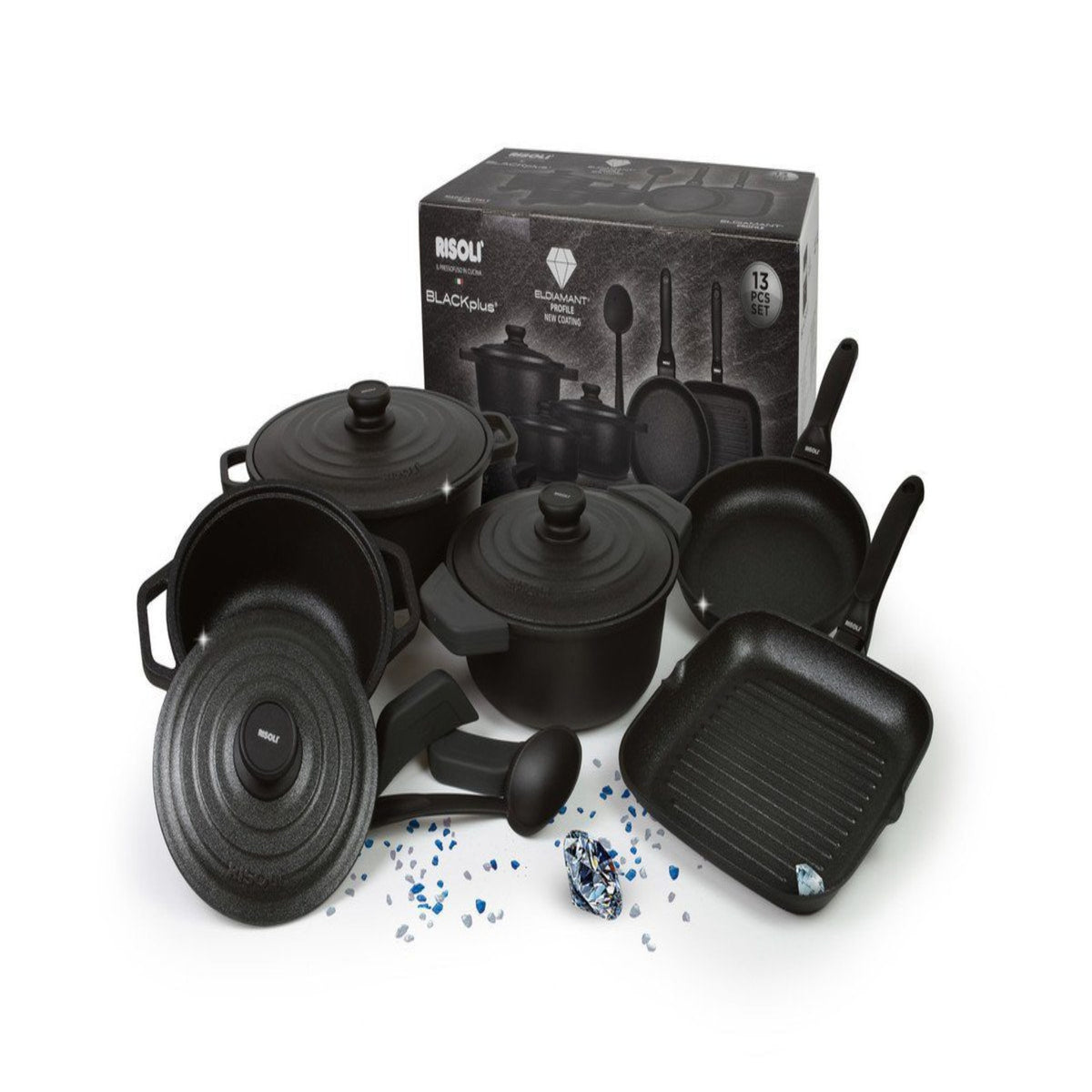 Risoli - Black Plus Cookware Set 13 Pieces - Die Cast Aluminum - Black