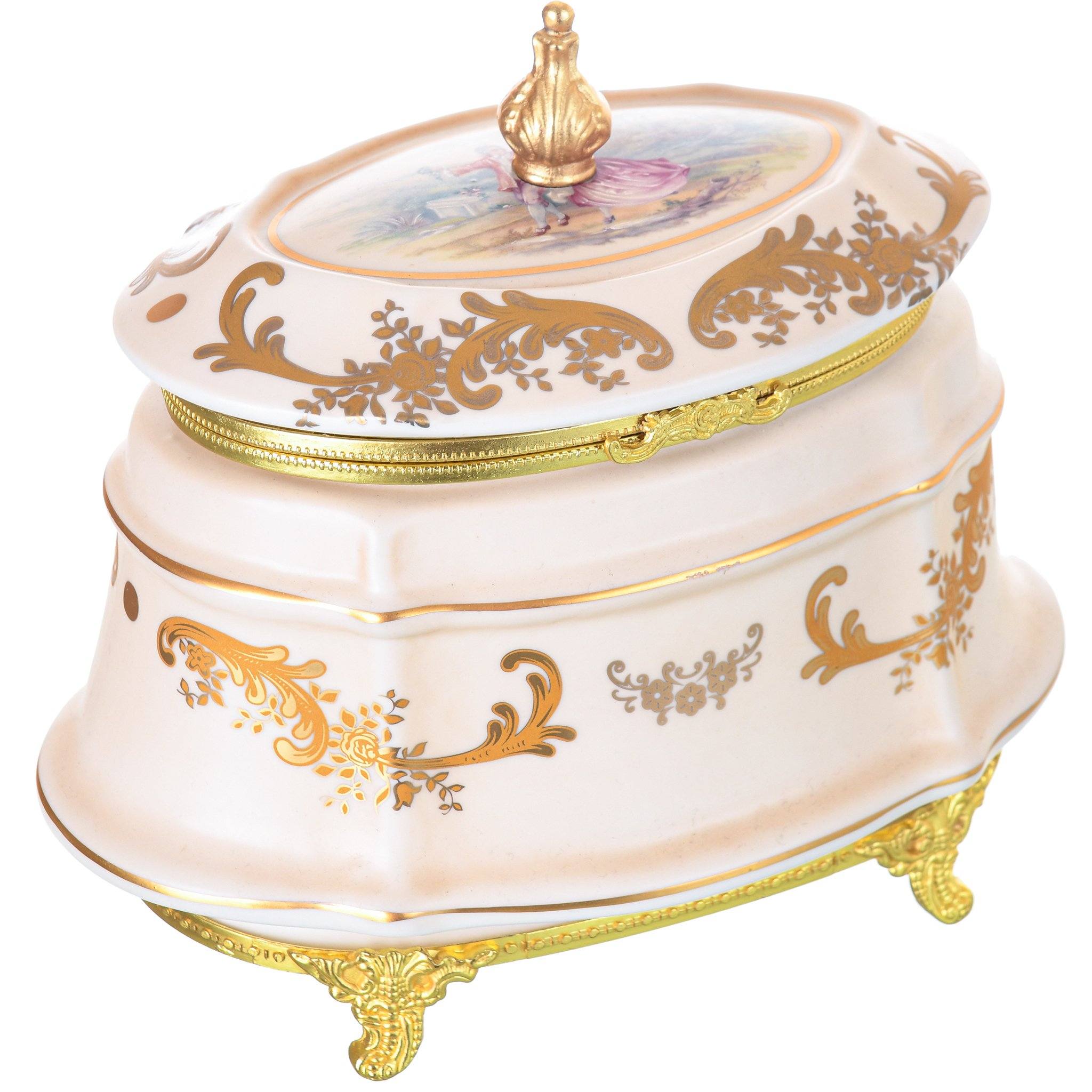 Caroline - Oval Box with Cover - Romeo & Juliet - Beige & Gold - 14x21cm - 58000567