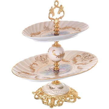 Caroline - Oval Stand 2 Tiers with Gold Plated Base - Romeo & Juliet - Beige & Gold - 43cm - 58000583