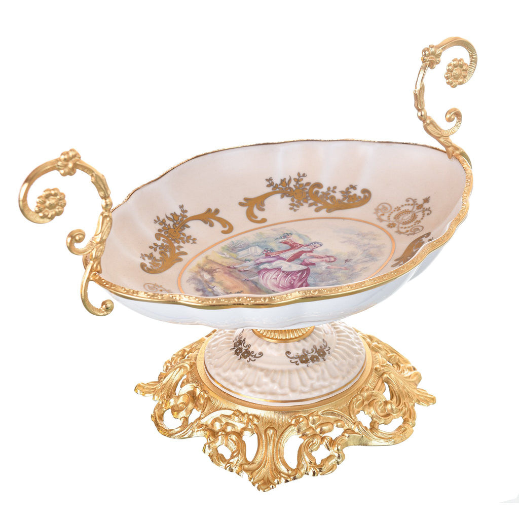 Caroline - Oval Plate with Base - Romeo & Juliet - Beige & Gold & White - 19x29x21cm - 58000587