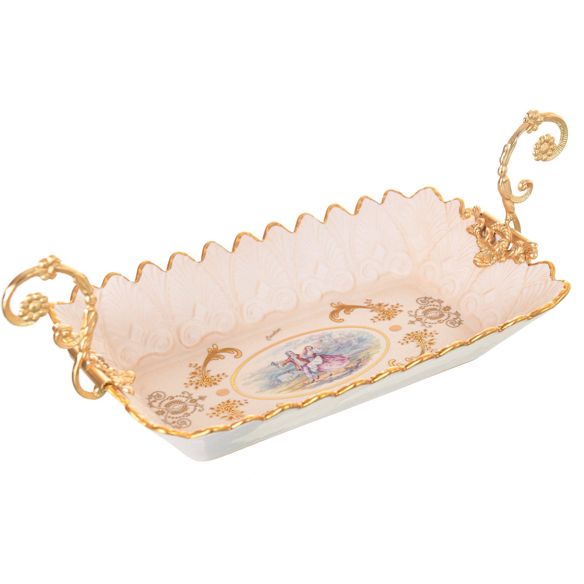 Caroline - Rectangular Plate with Gold Plated Handles - Romeo & Juliet - Beige & Gold - 39x18cm - 58000619