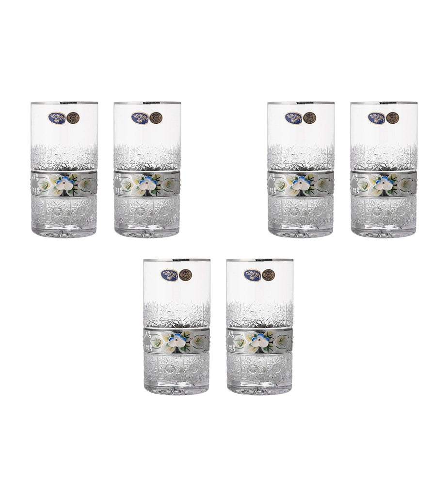 Bohemia Crystal - Highball Glass Set 6 Pieces - Flowers & Silver - 470ml - 2700010357