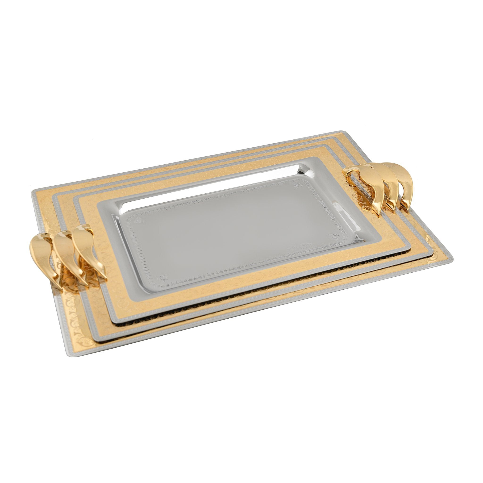 Elegant Gioiel - Rectangular Tray Set with Handles 3 Pieces - Gold - Stainless Steel 18/10 - 75000301