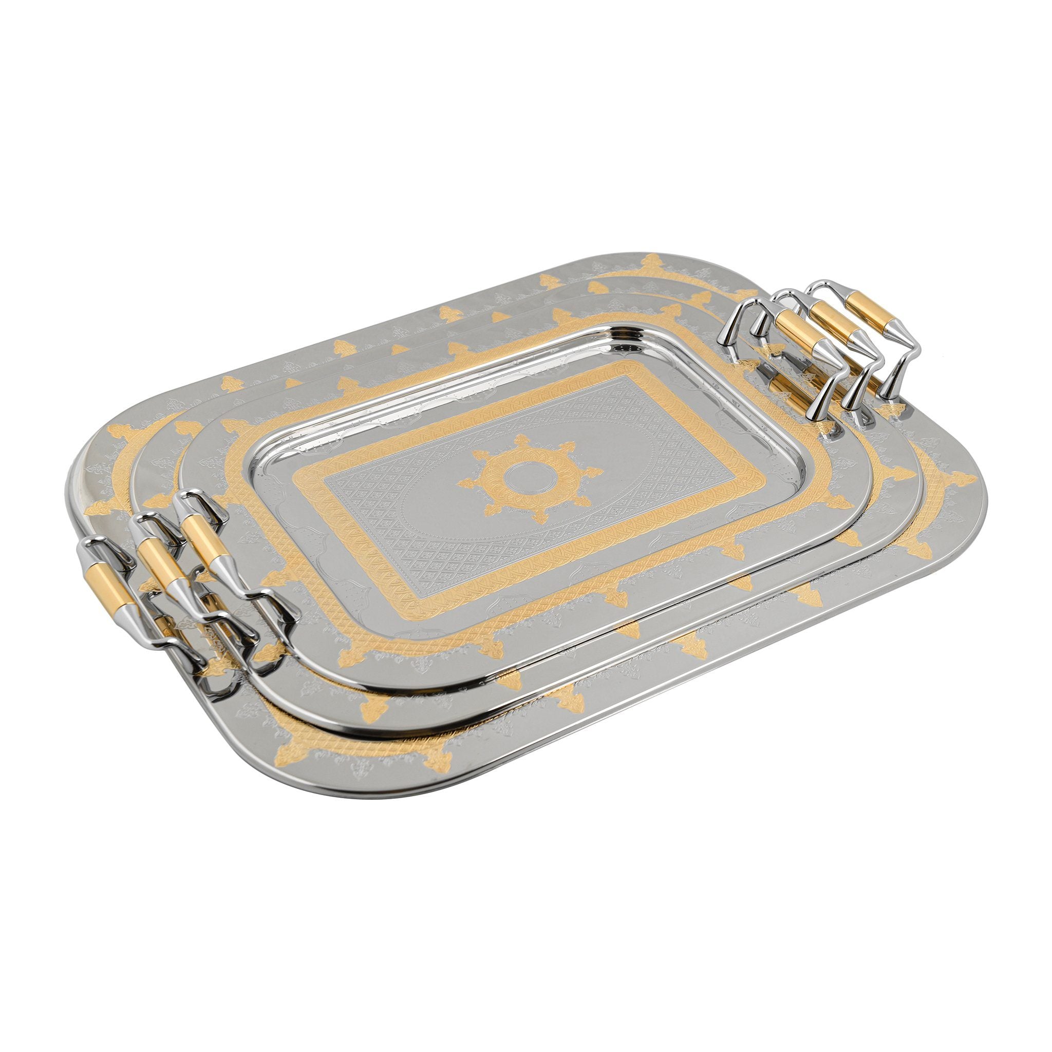 Elegant Gioiel - Rectangular Tray Set with Handles 3 Pieces - Gold - Stainless Steel 18/10 - 7500080