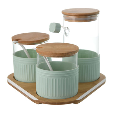 O'lala - Set of Wooden and Glass Spice Jars With Tray - Mint Green - 770008002