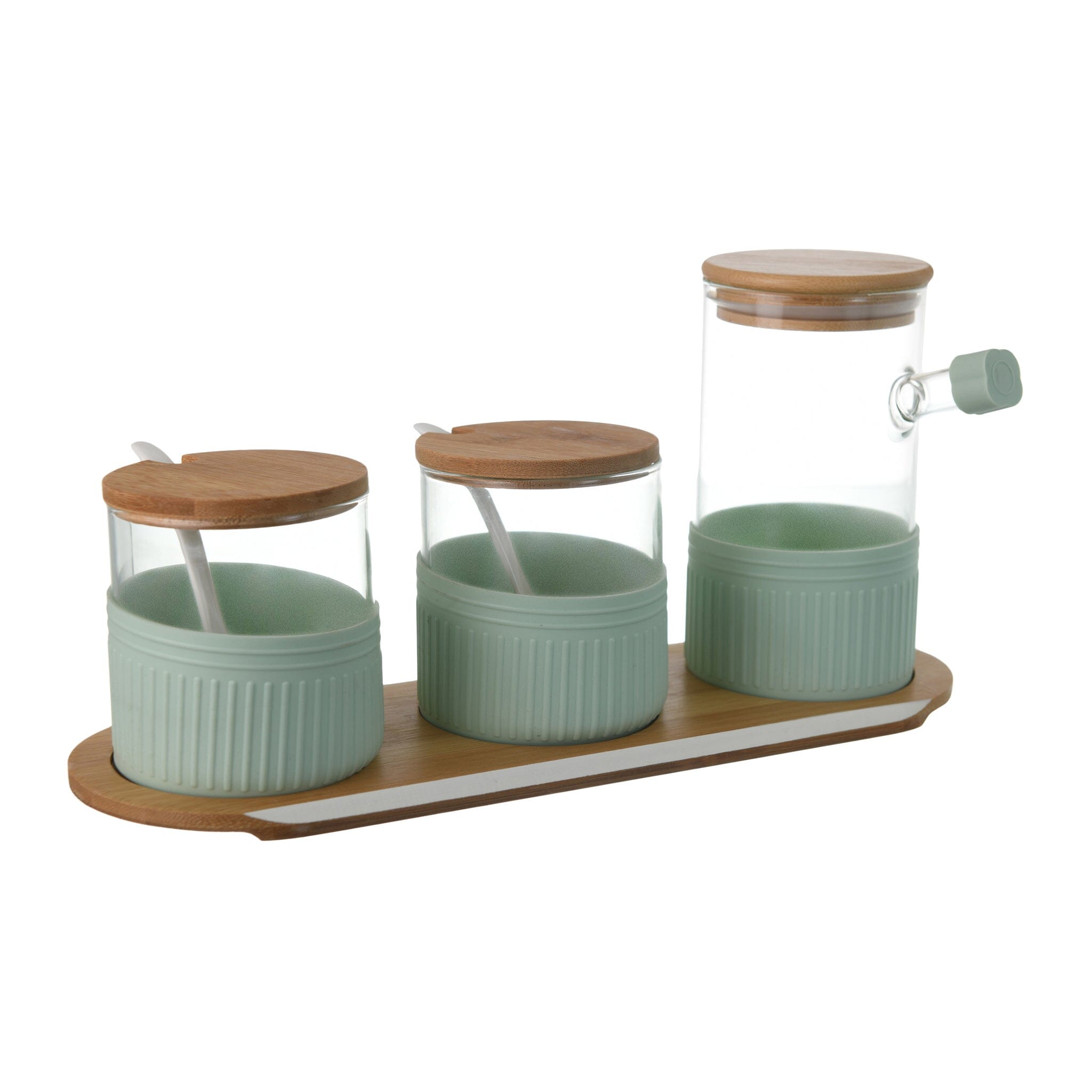 O'lala - Set of Wooden and Glass Spice Jars With Tray - Mint Green - 770008004
