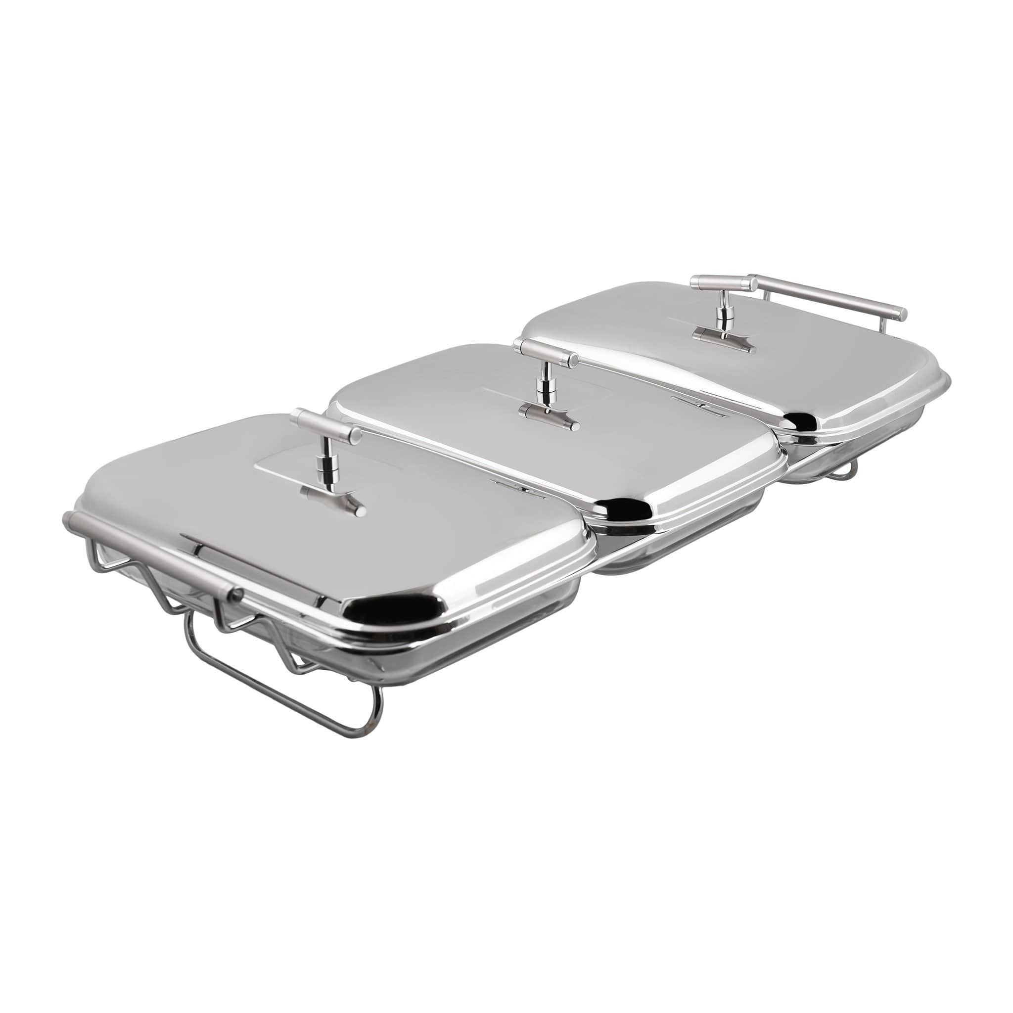 3 Rectangular Food Warmers with 3 Candles - Stainless Steel 18/10 & Tempered Glass - 3x2.0 Lit - 8000115