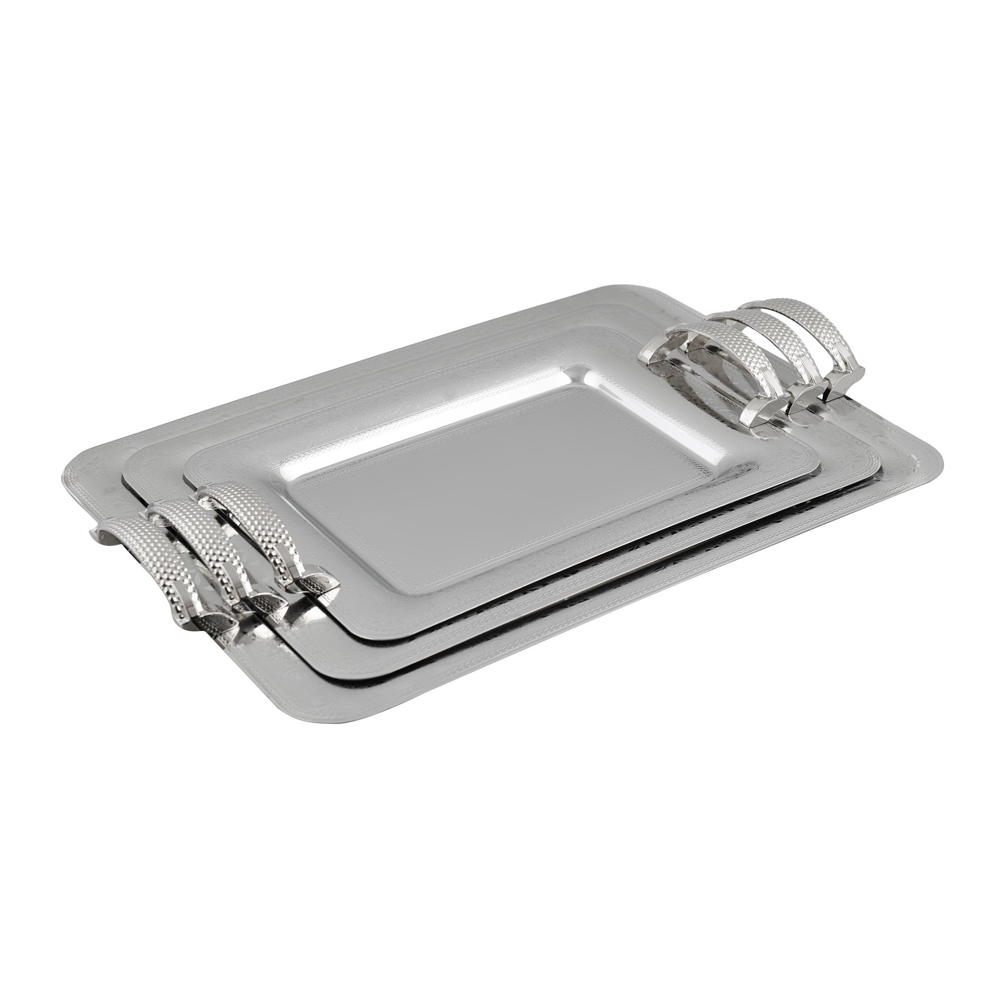 Rectangular Tray Set with Handles 3 Pieces - Silver Plated Metal - 80002