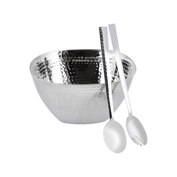 Square Hammered Salad Bowl with Serving Set 3 Pieces - Stainless Steel - 26.5cm - 80003993