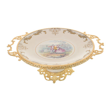 Caroline - Round Plate with Base & Gold Plated Handles - Romeo & Juliet - Beige & Gold - 40x50cm - 58000523