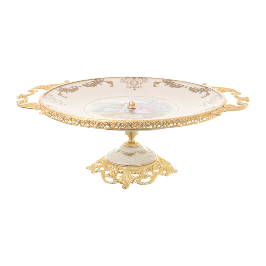 Caroline - Round Plate with Base & Gold Plated Handles - Romeo & Juliet - Beige & Gold - 40x50cm - 58000523