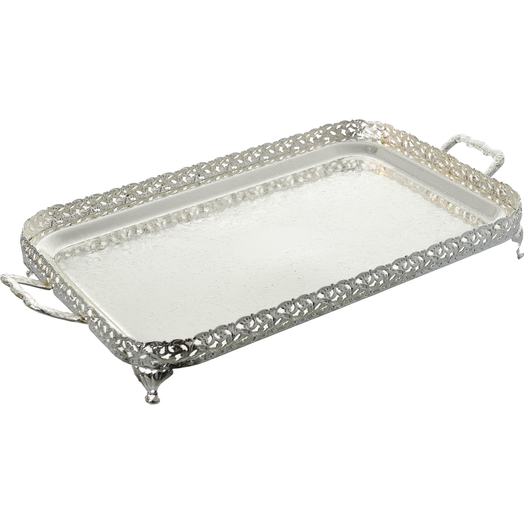 Queen Anne - Rectangular Tray with Handles & Legs - Silver Plated Metal - 62.5x34.5cm - 26000268