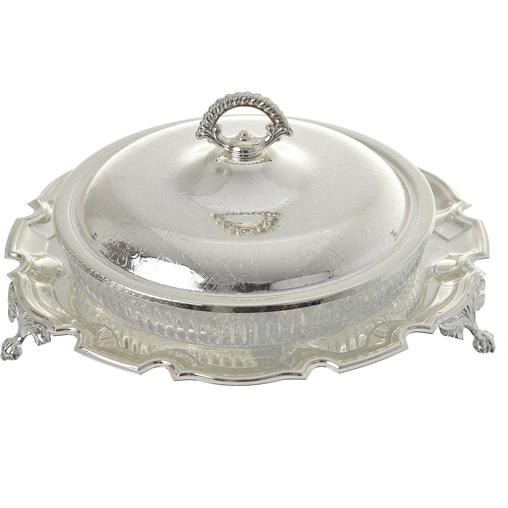 Queen Anne - Round Hors d'oeuvre 5 Parts with Silver Plated Cover & Stand - Silver Plated Metal & Glass - 25cm - 26000444